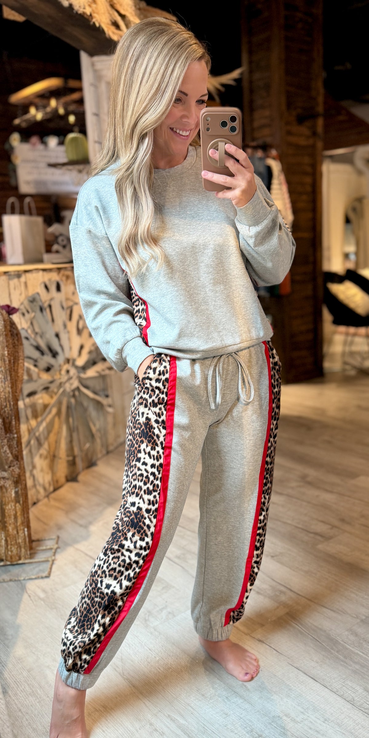 Leopard Trim Grey Jogger Set