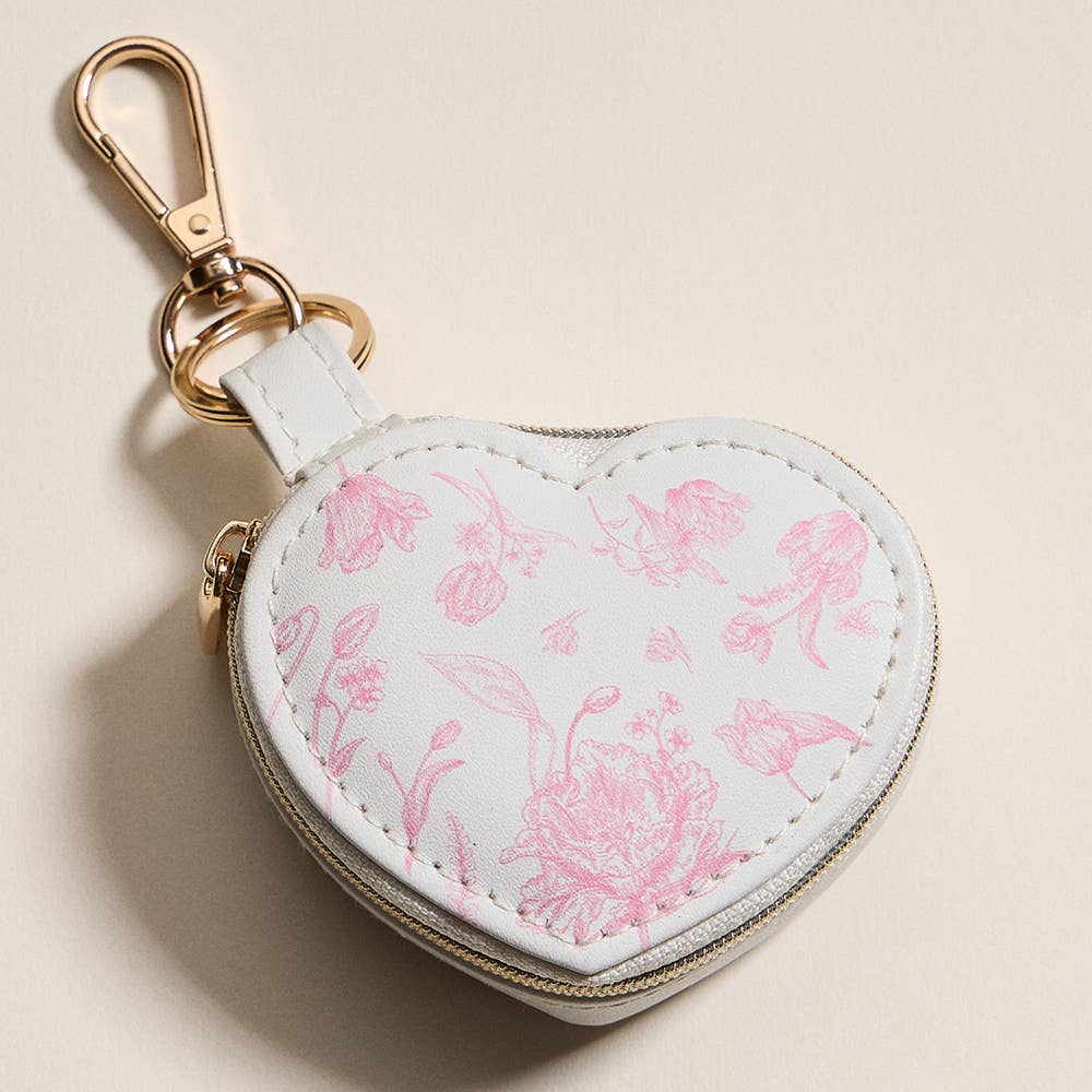Floral Pattern Print Heart Shaped Jewelry Case Keychain / Bag Charm