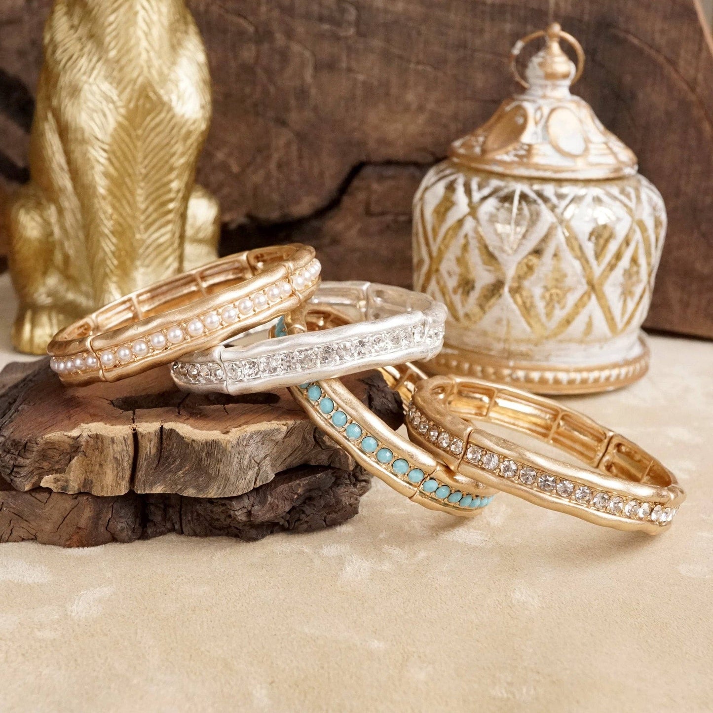 Minimalist Crystal & Pearl Bangle Bracelet – Brushed Gold or Silver