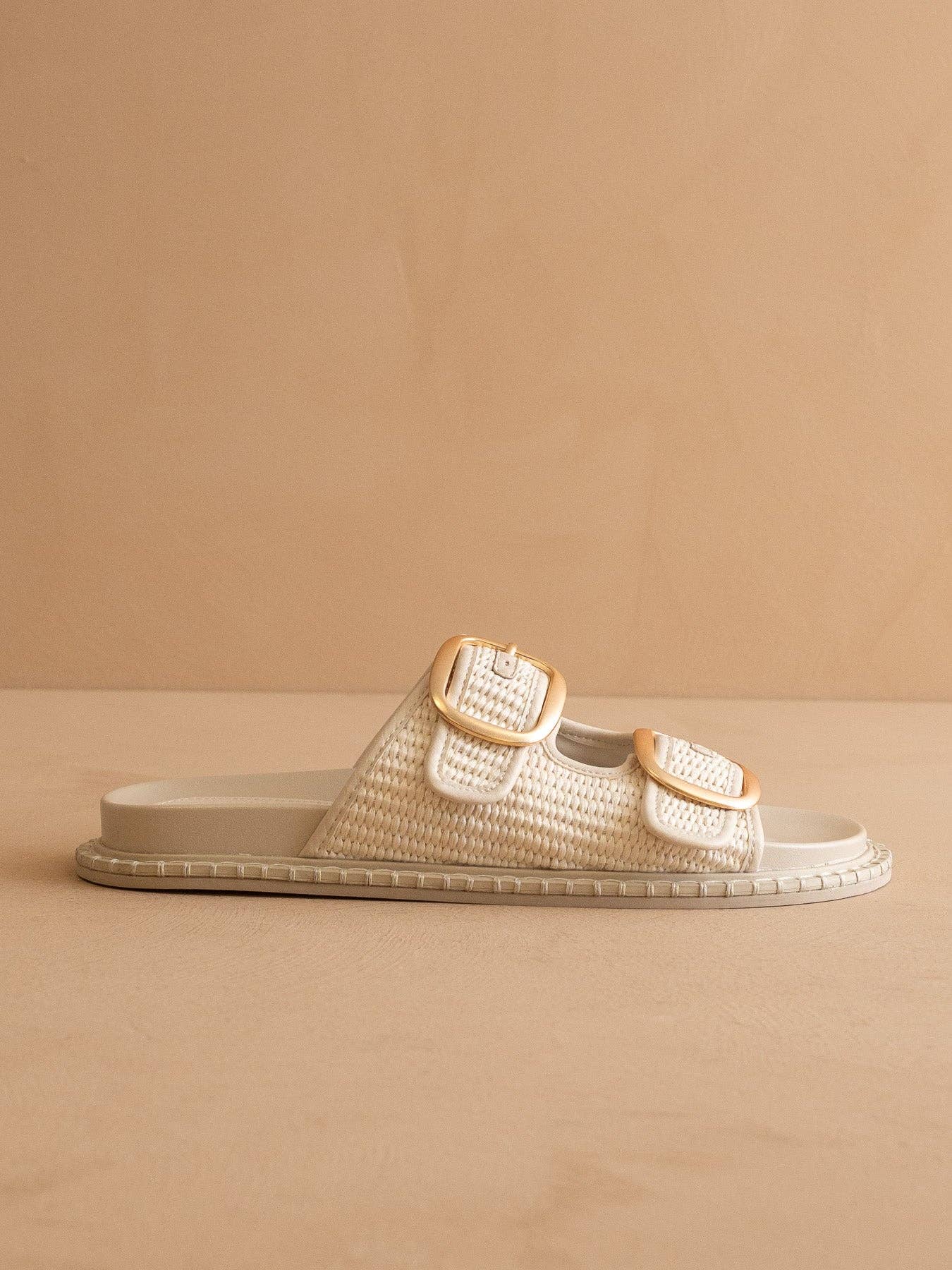 The Daytona | Ivory aTwo-Tone Raffia Gold Buckle Sandal